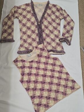St. John Sport by Marie Gray Lavender and Cream Plaid Fringe-Trim Cardigan /2pc